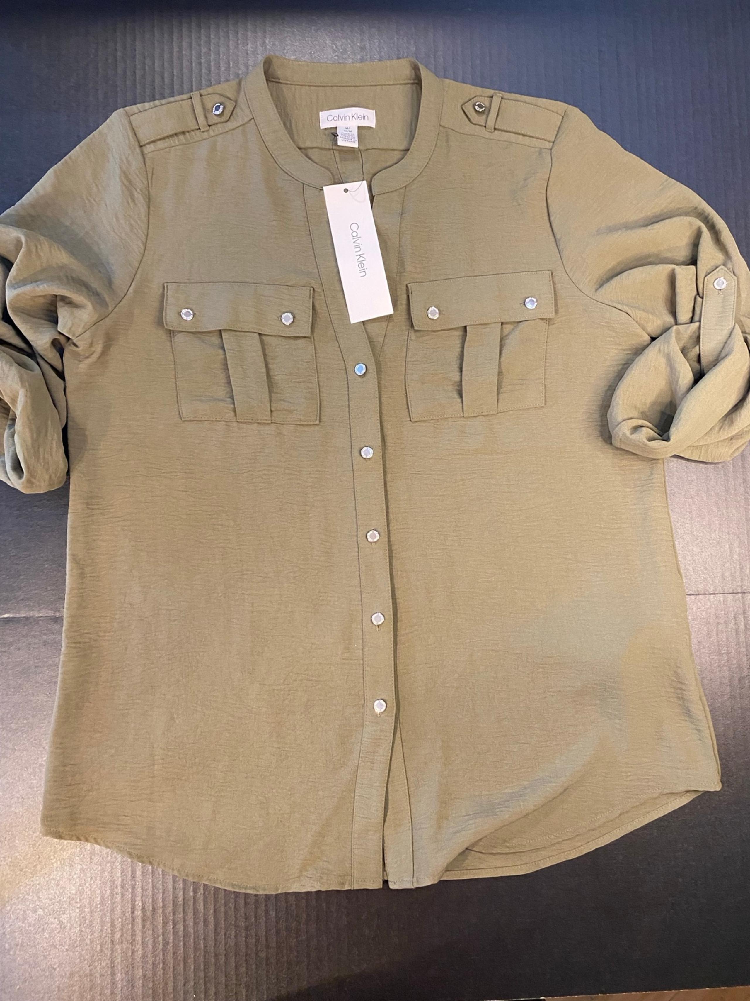 Womens Calvin Klein Button Up Long Sleeve Collared Shirt Green Med