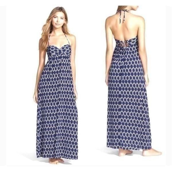 Robin Piconne Blue White Ikat Halter Top Maxi Dress M
