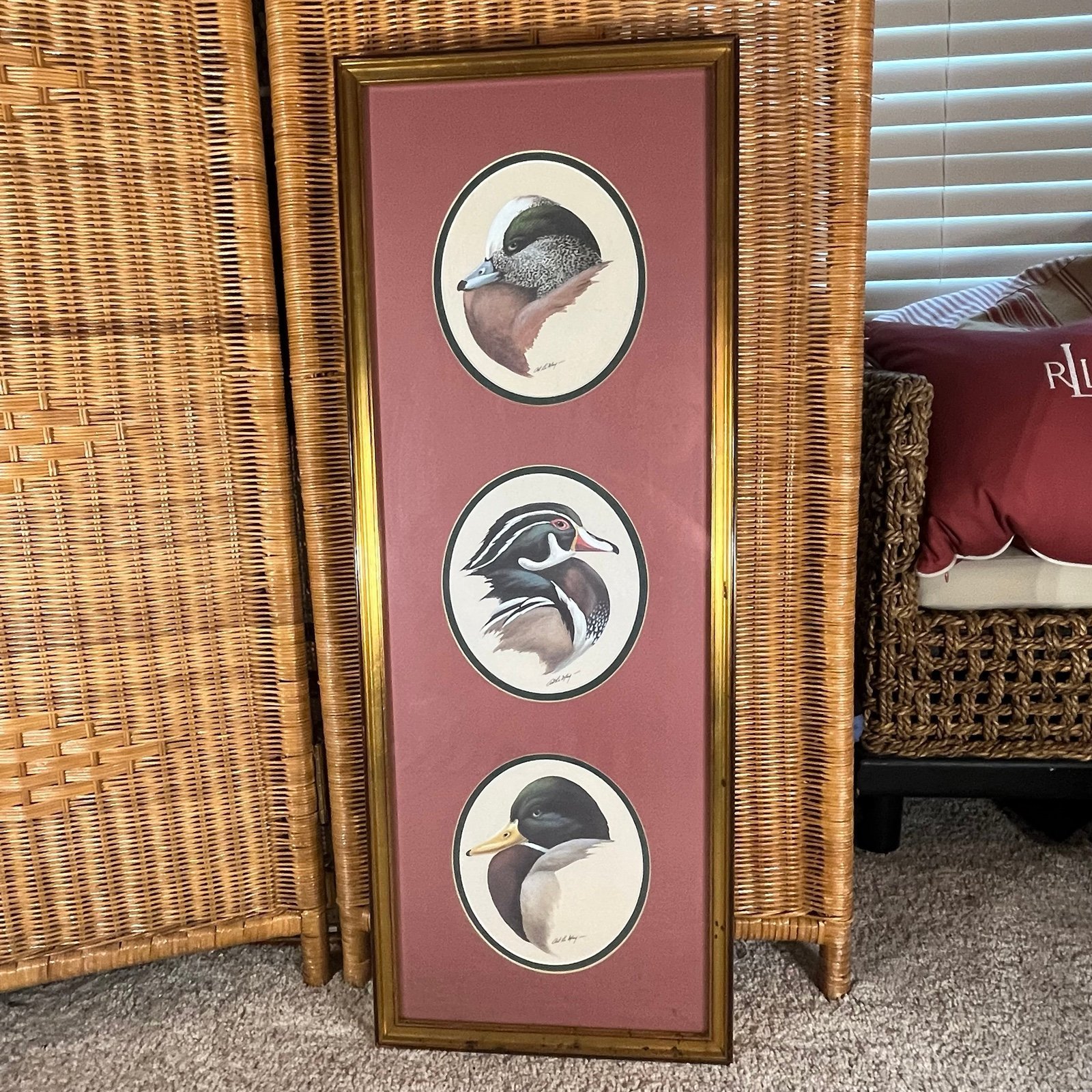 Vintage Art La May duck head art print 3 ducks total matted framed outdoors
