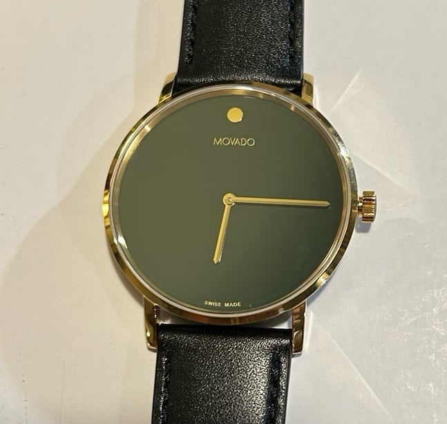 Movado Museum Signature Face Watch With Green Face & Black Leather Band