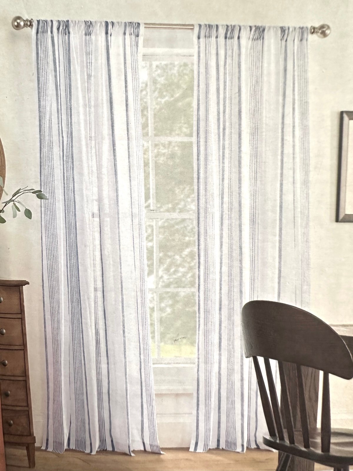 Linden White Blue Stripe Sheer Rod Pocket Curtain 1 Panel