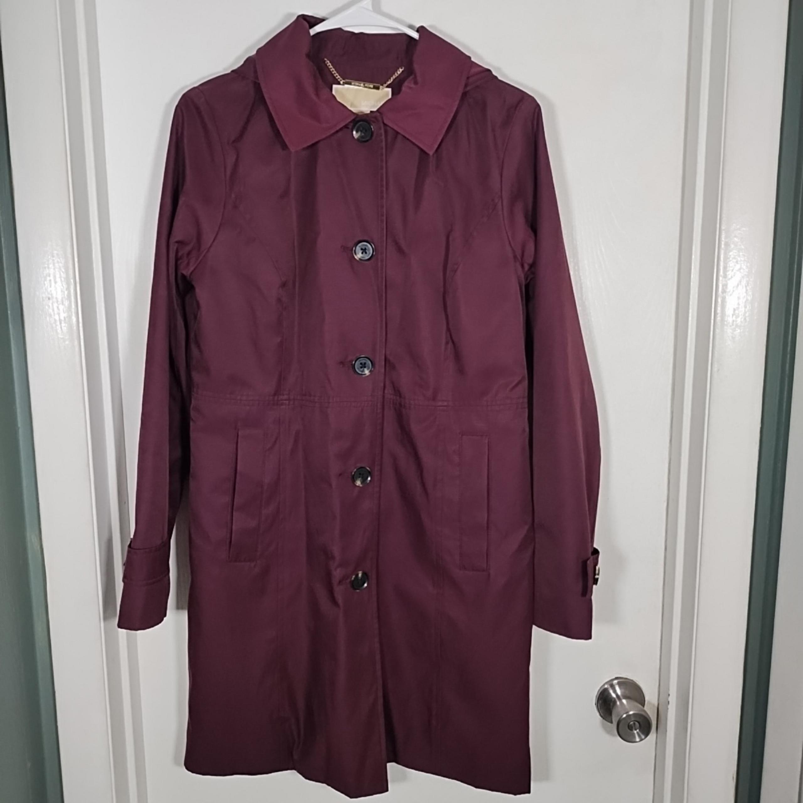 Michael Kors Women’s S Rain Trench Coat Burgundy Removable Hood Button Lined