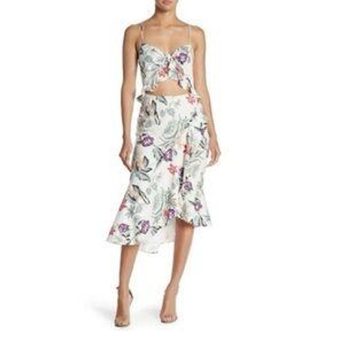 WAYF Floral Print Midi Dress Tie-Front Cutout Back Tropical White M