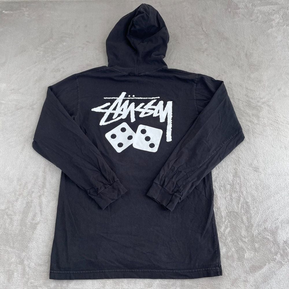 Stussy Dice Hooded T Shirt Men Large Black Double-Sided Graffitti StreetWear