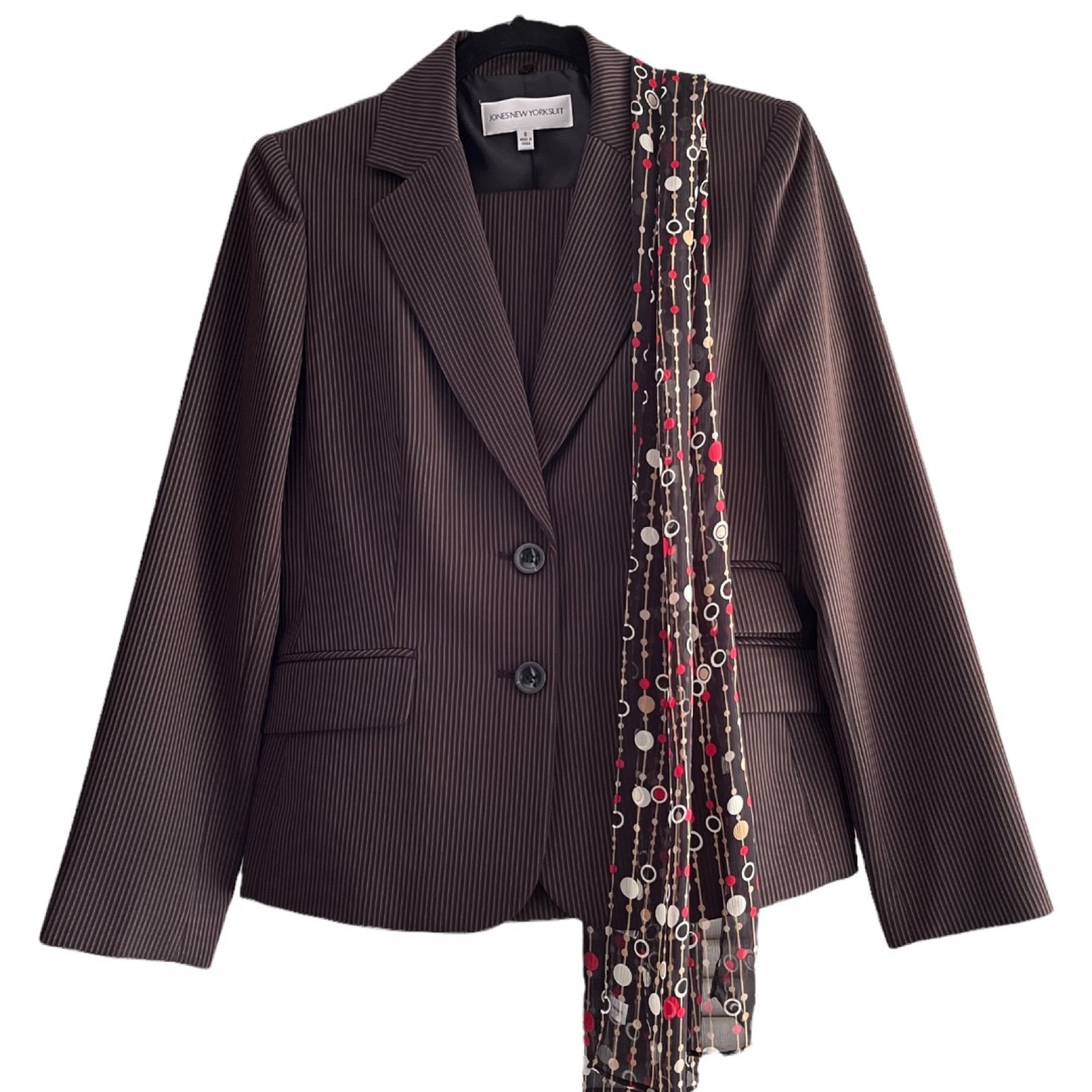 NWT Jones New York Portofino Pin Striped 2PC Suit - Black & Gold W/ Scarf