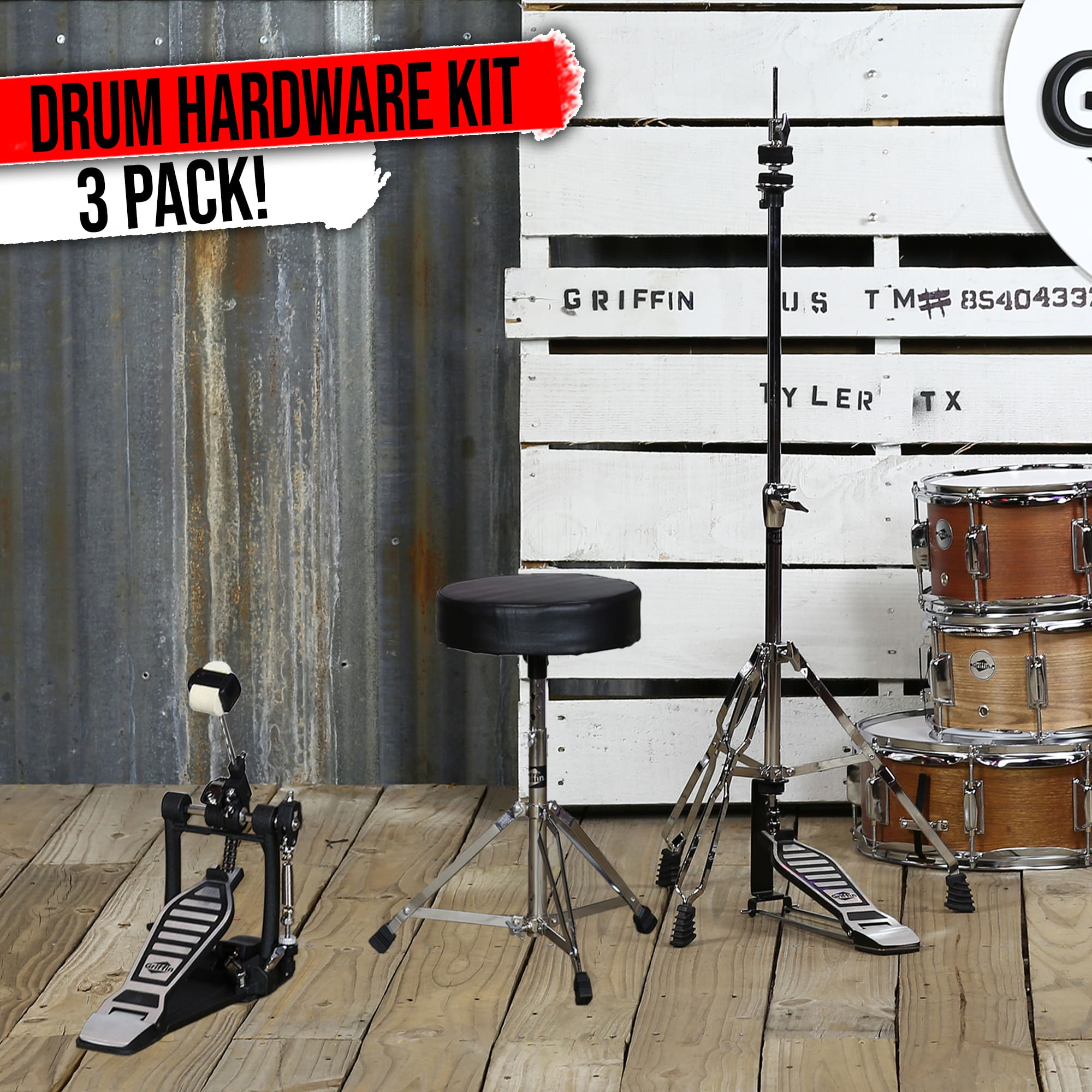 GRIFFIN (3-PACK) Kick Pedal, Drum Throne, Hi-Hat Stand | Percussion Chrome Mount