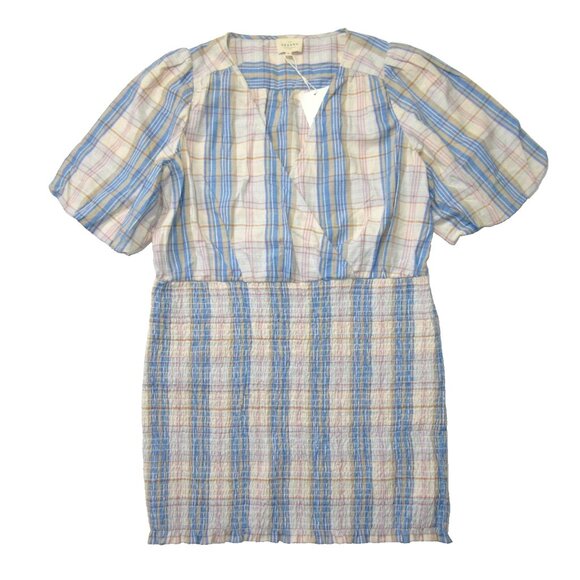 NWT Sezane Olga in Camel Blue Plaid Smocked Skirt Blouson Mini Dress 46 / US 12