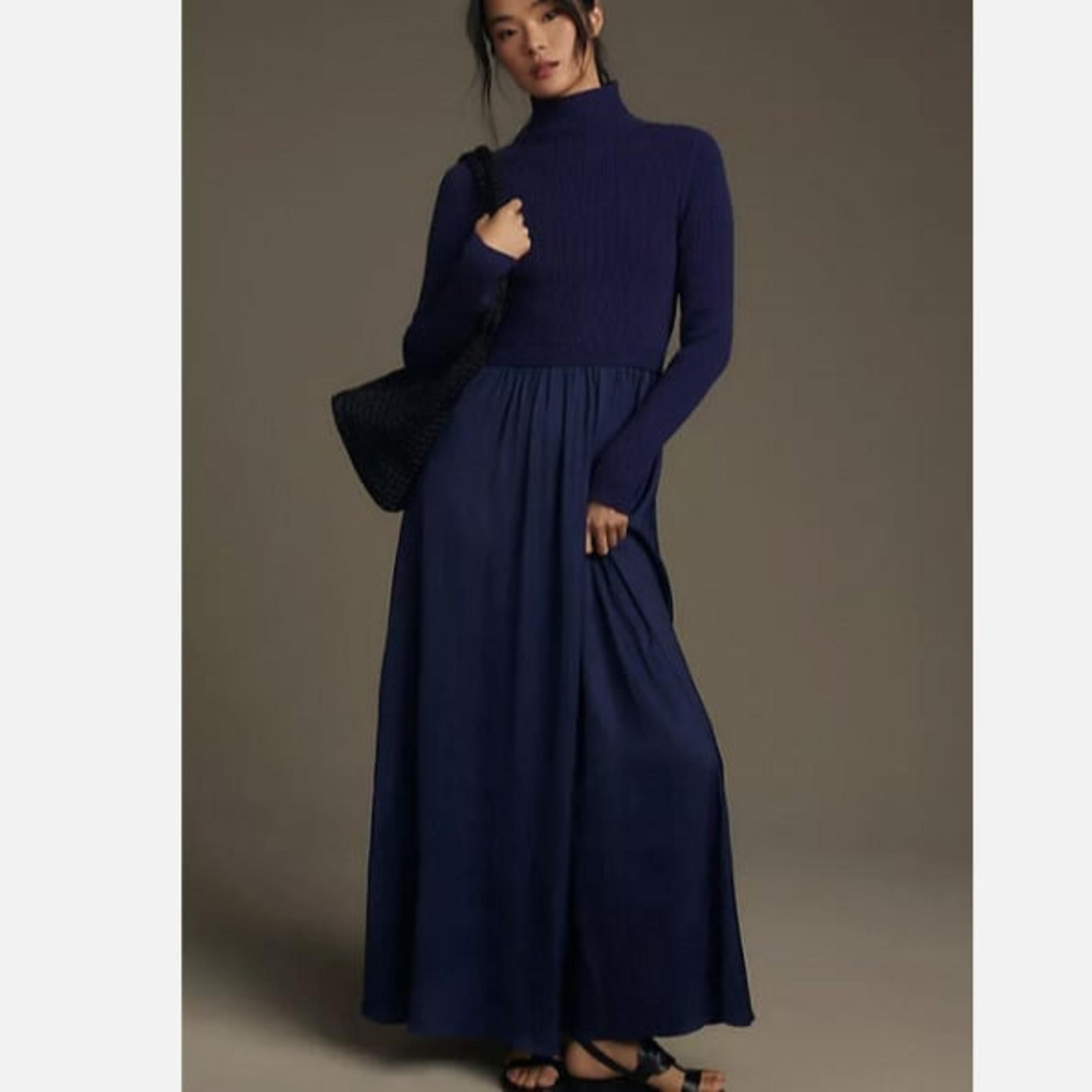 Anthropologie XS The Thea Twofer Sweater Dress Mock Neck Dark Blue New