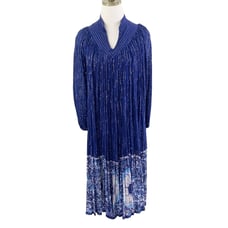Vintage Navy Metallic Silver Long Sleeve Flowy Midi Dress w Tie Dye Accent Sz S
