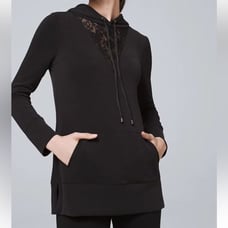 WHBM WKND Lace Inset Tunic Long Sleeve Black Hoodie Size Small