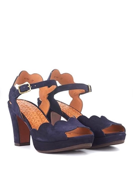 Chie Mihara Women's Evolet Blue Suede Heeled Sandal with Scallop