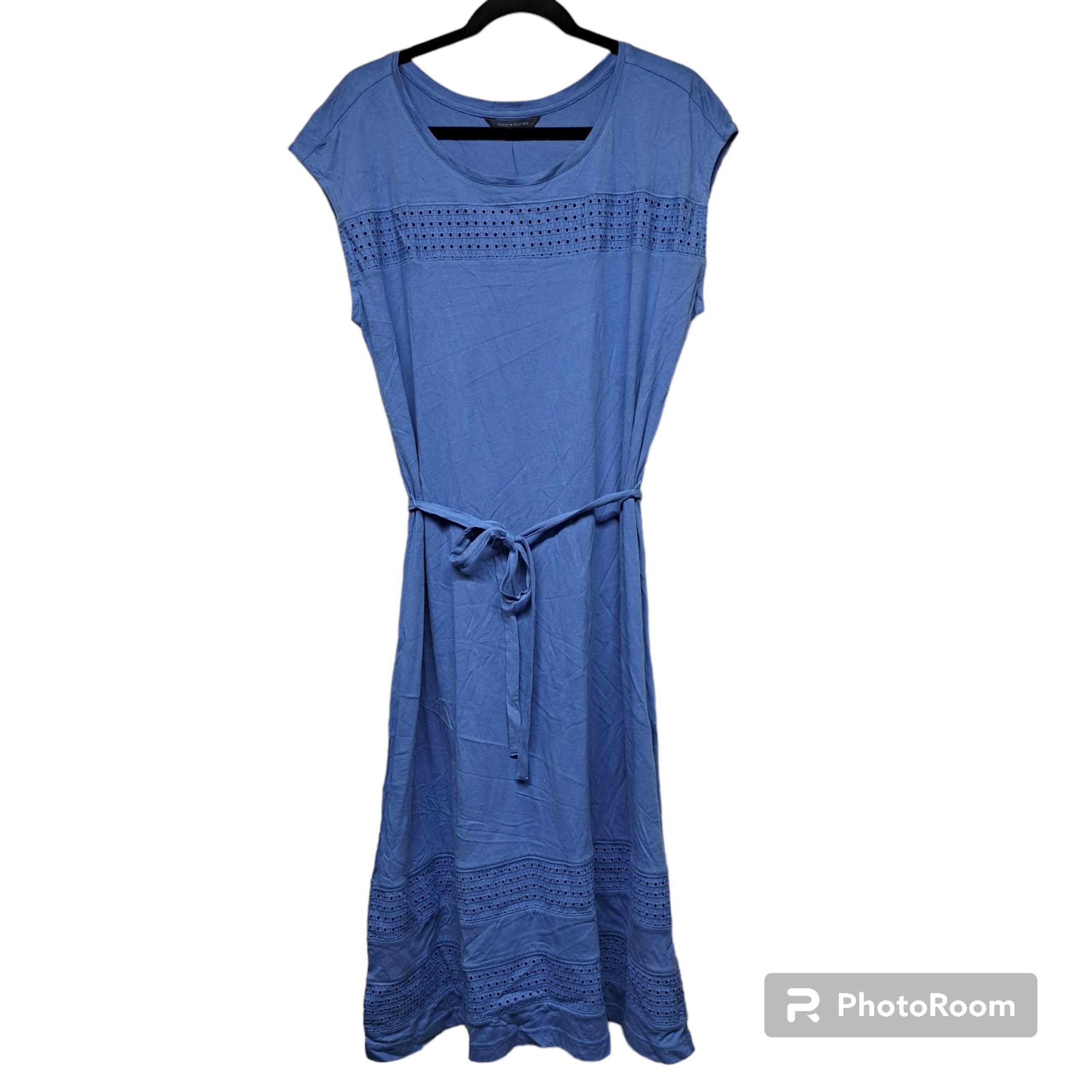 Nwt Tommy Hilfiger women's blue midi tie waist cotton/modal dress size L