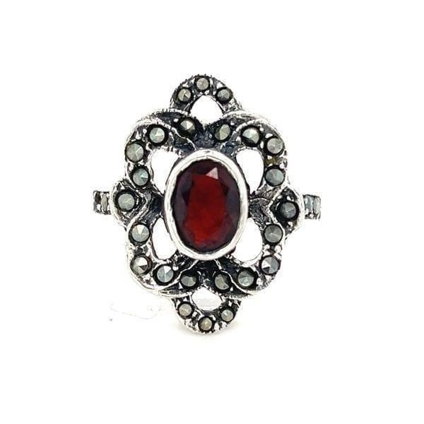 Sterling Silver 925 Flower Garnet/Marcasites Ring