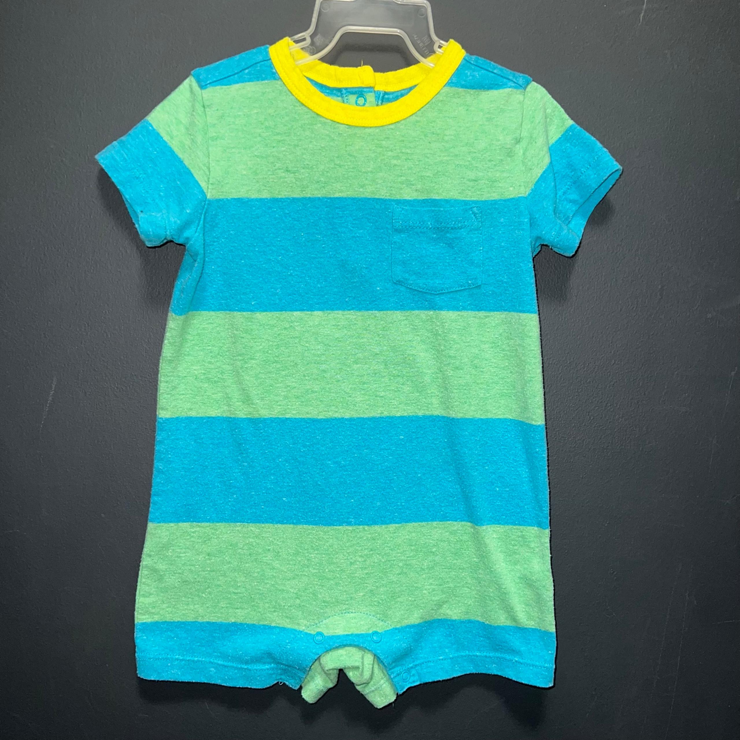 Primary Clothing Brand Romper Boys 12-18m Green Blue Yellow Striped Outfit