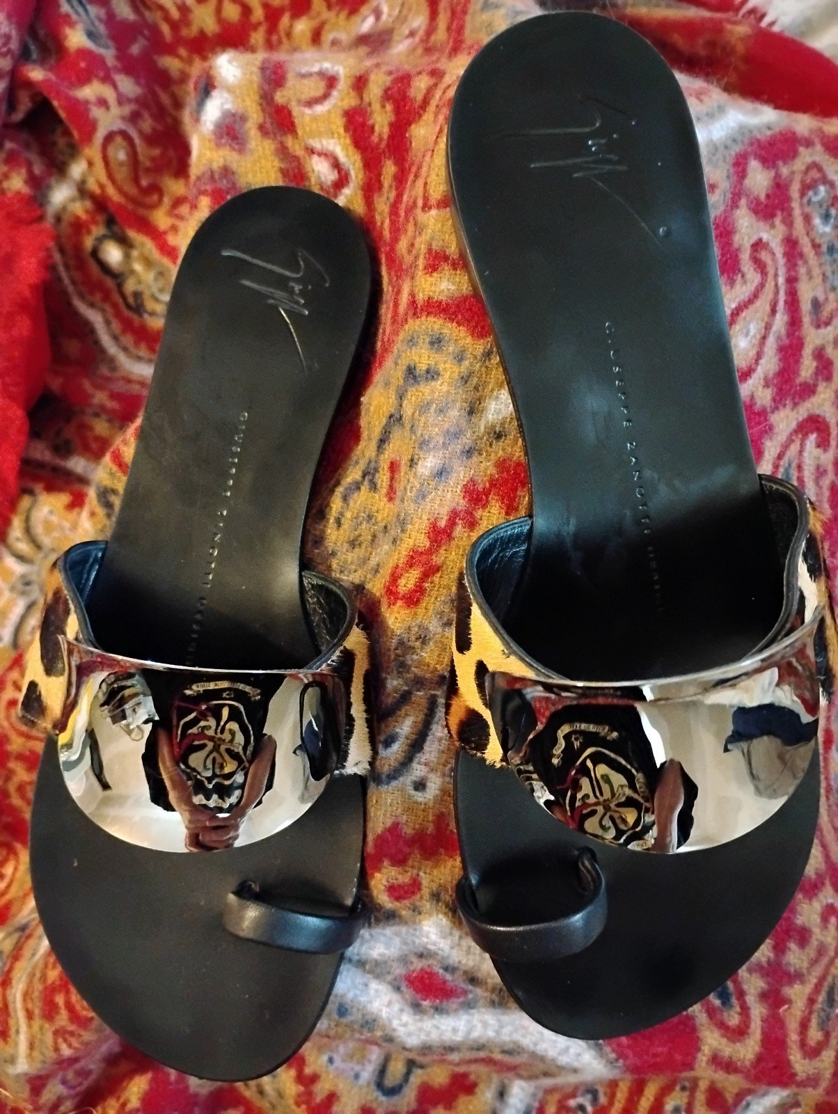 Giuseppe Zanotti Leopard Print Calfskin and Embellished Metallic Leather Sandals
