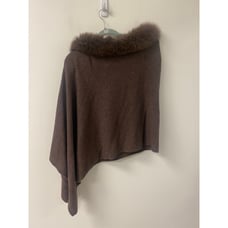 Luxe Collection Brown Real Fur Trim 100% Cashmere Poncho Sweater Sz OS