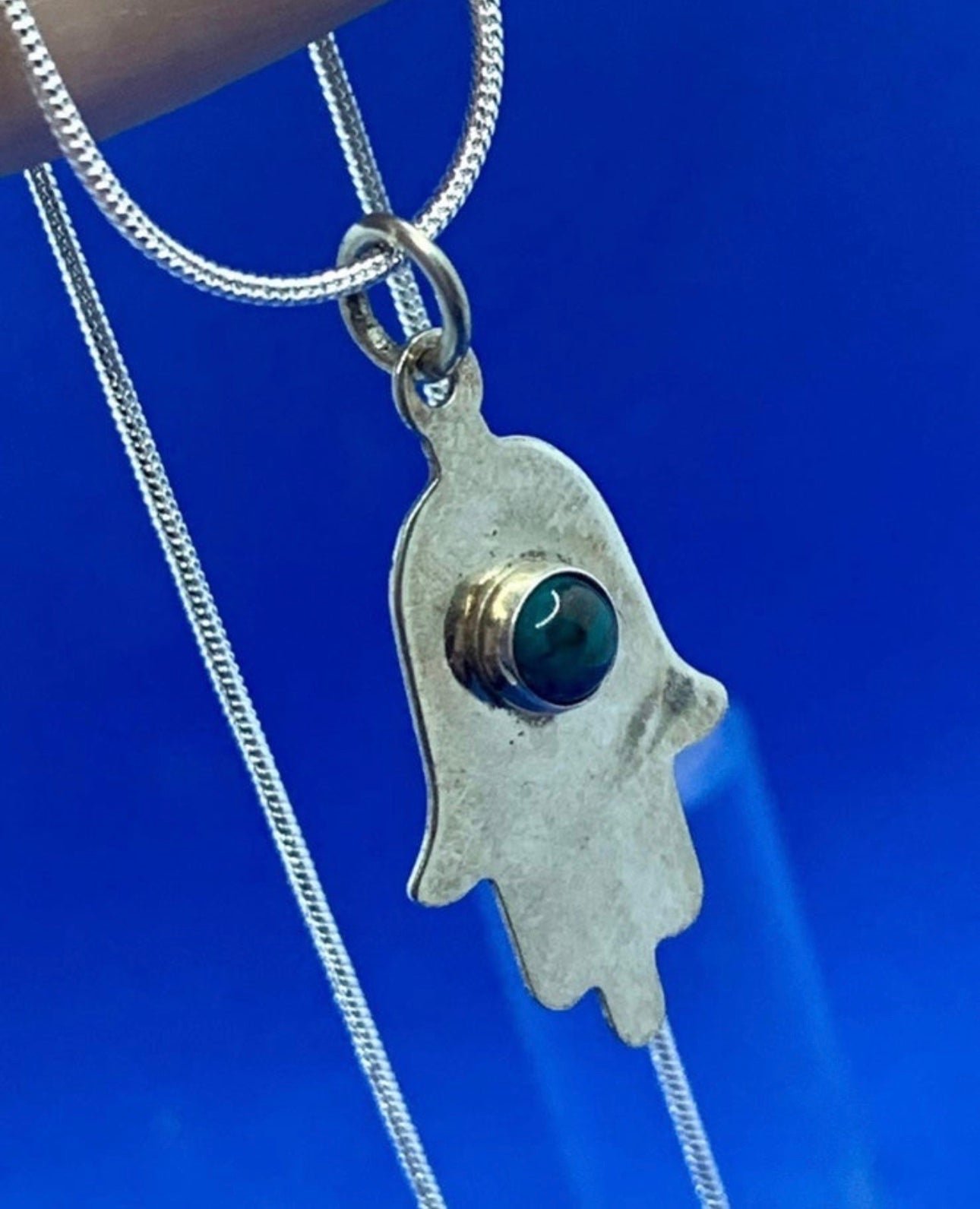 Vintage Sterling Malachite Hamsa Shaped Pendant