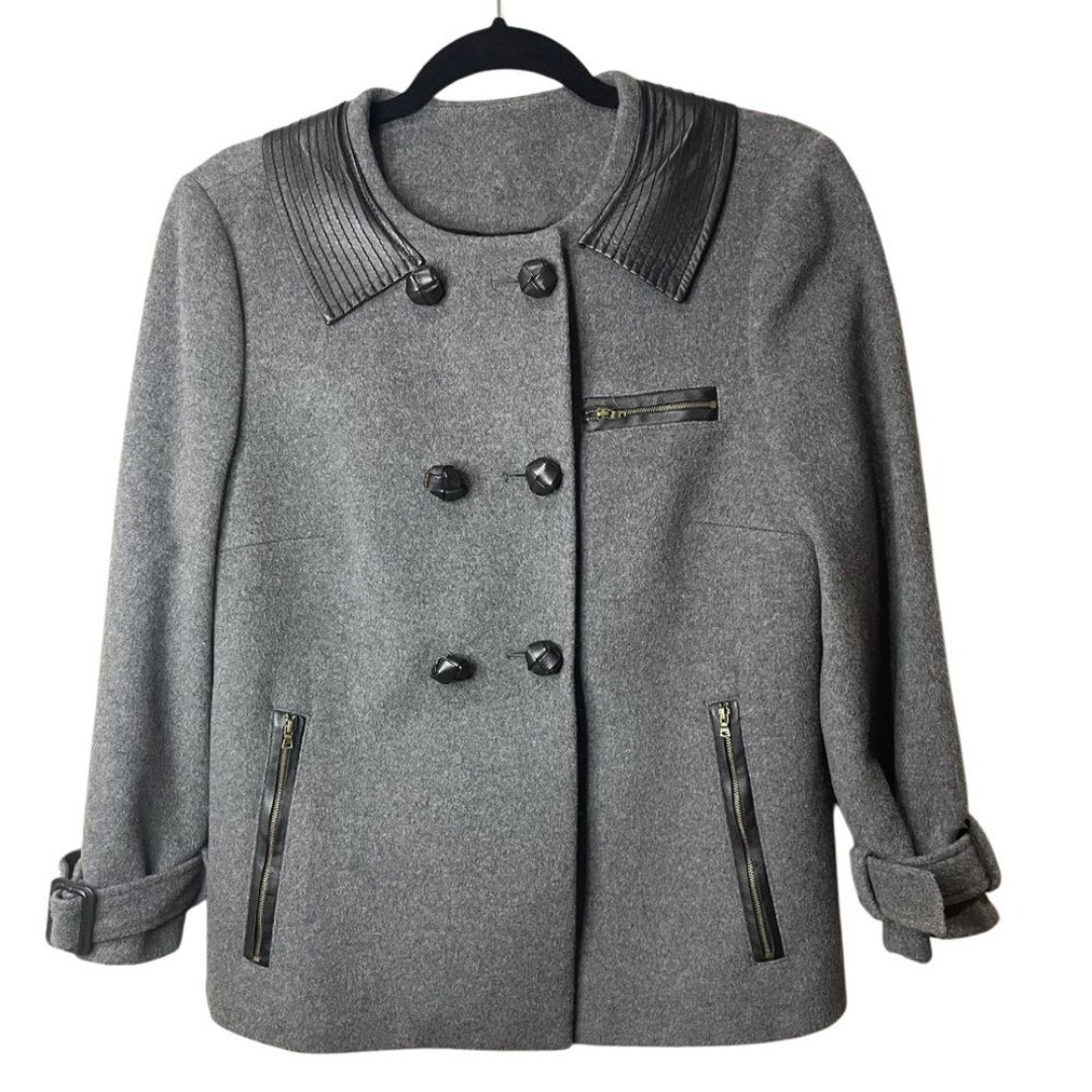 Diane Von Furstenberg Peabody Gray Wool Cashmere Leather Coat Jacket SZ 8 EUC