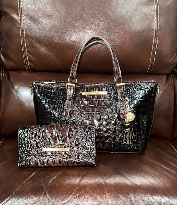 Brahmin Brown Croc-Embossed Leather Satchel With Matching Wallet & Pen