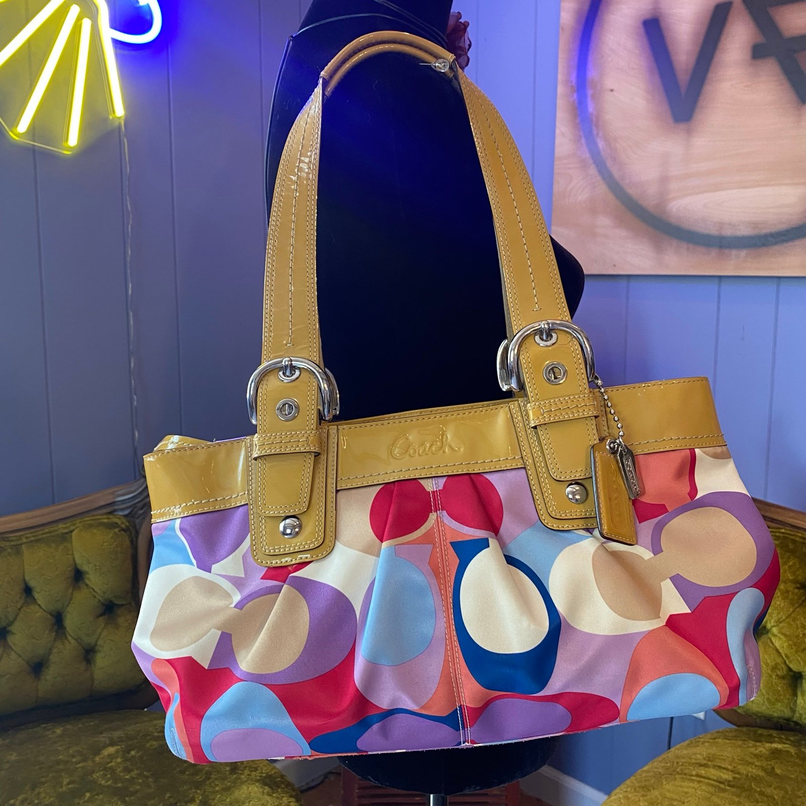Coach Poppy Signature Soho Colorful Satin Mustard Patent Leather Handbag