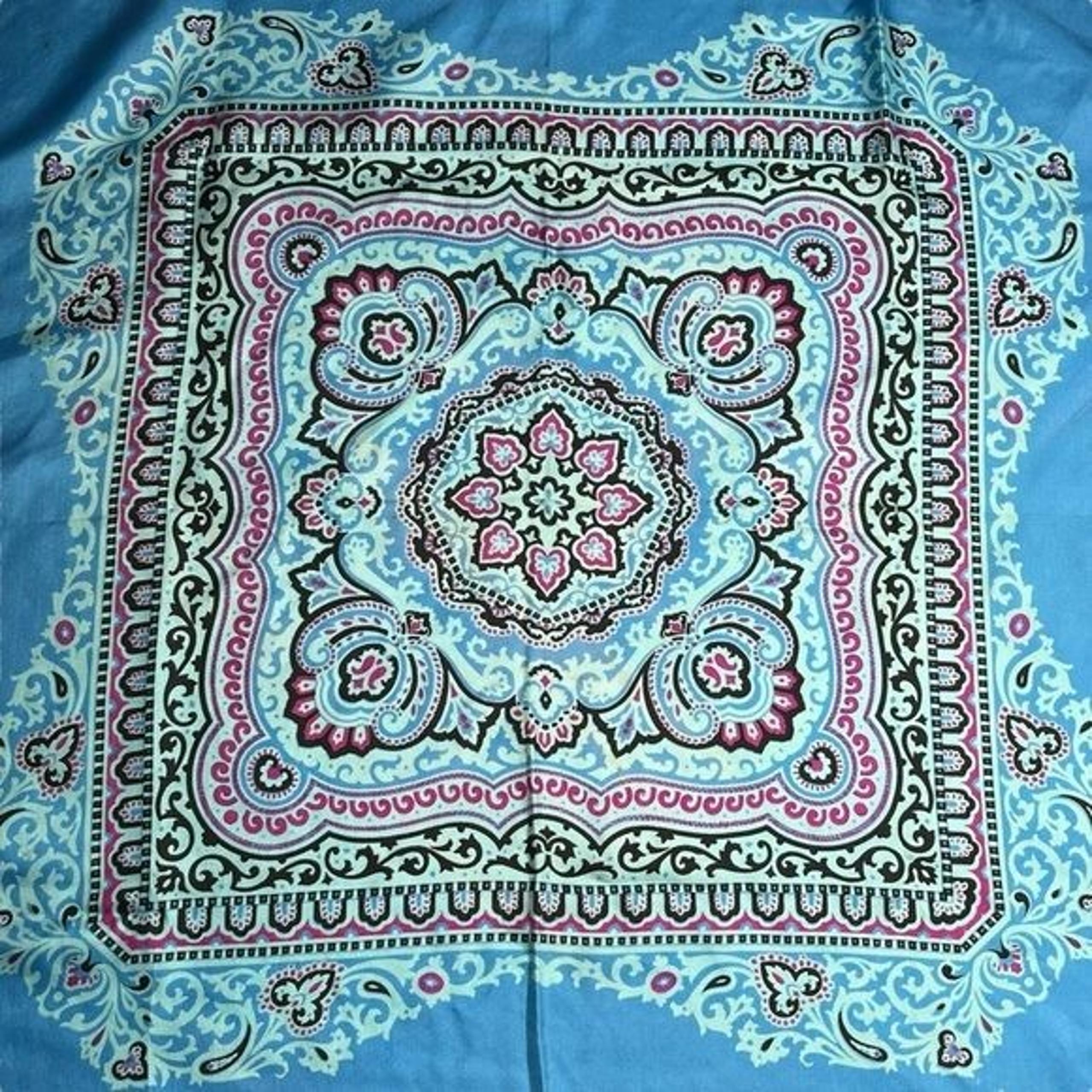 Vintage 70s Boho Blue Trippy Mandala Scarf, Square