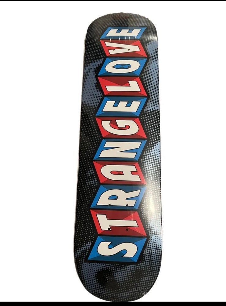 Strangelove skateboard deck block letter graphic 8.250”w