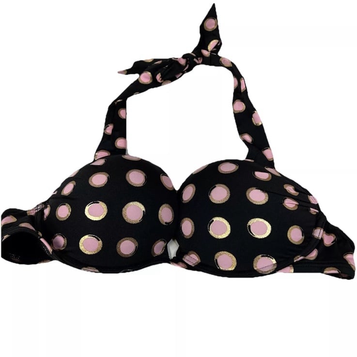 Y2K Vintage Victorias Secret 34A Bombshell Bikini Top Black Pink Polkadots #3676