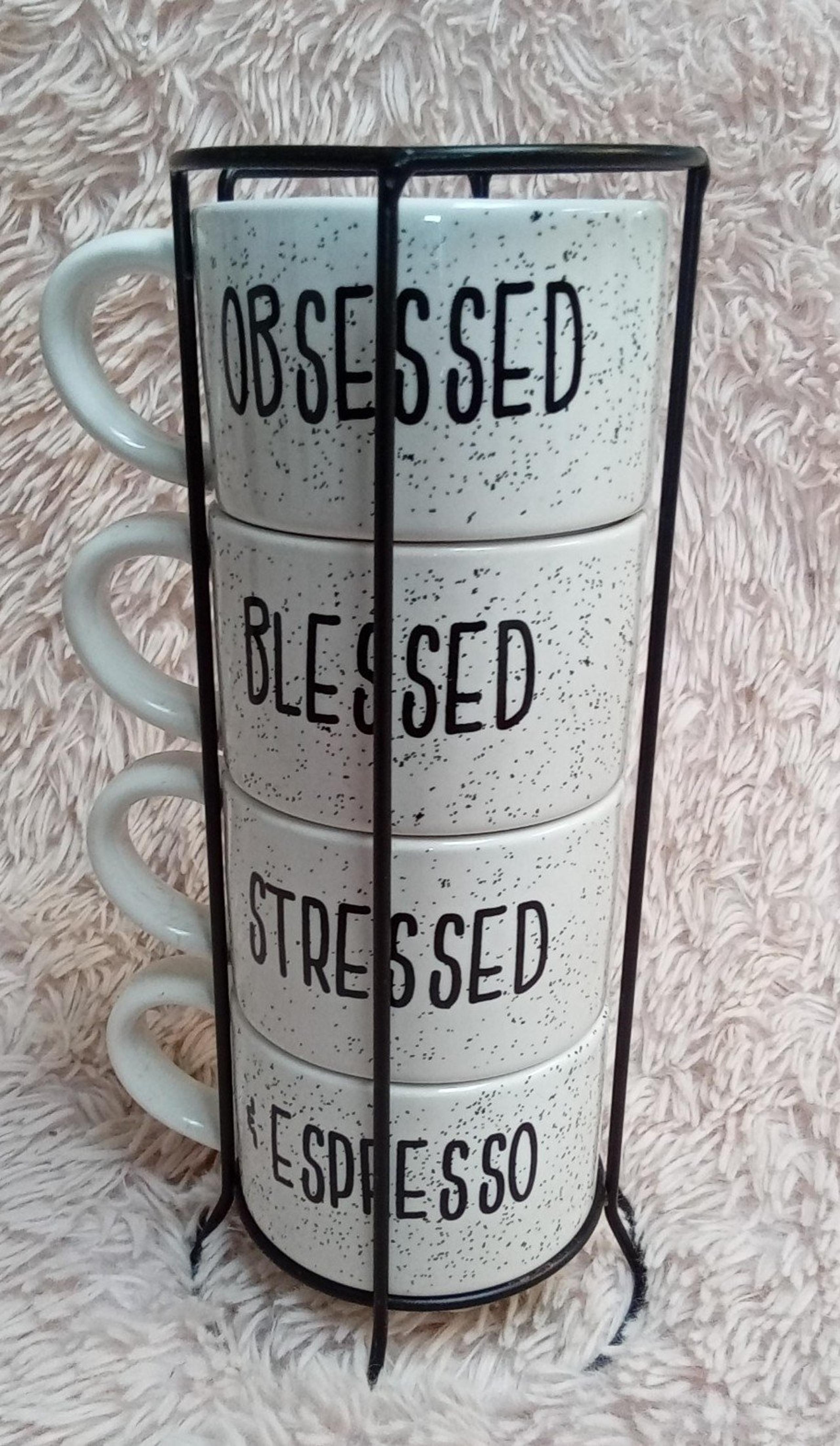 Amazon Set of 4  8Oz Black/White Speckled Pattern Ceramic Expresso Cups w Rack