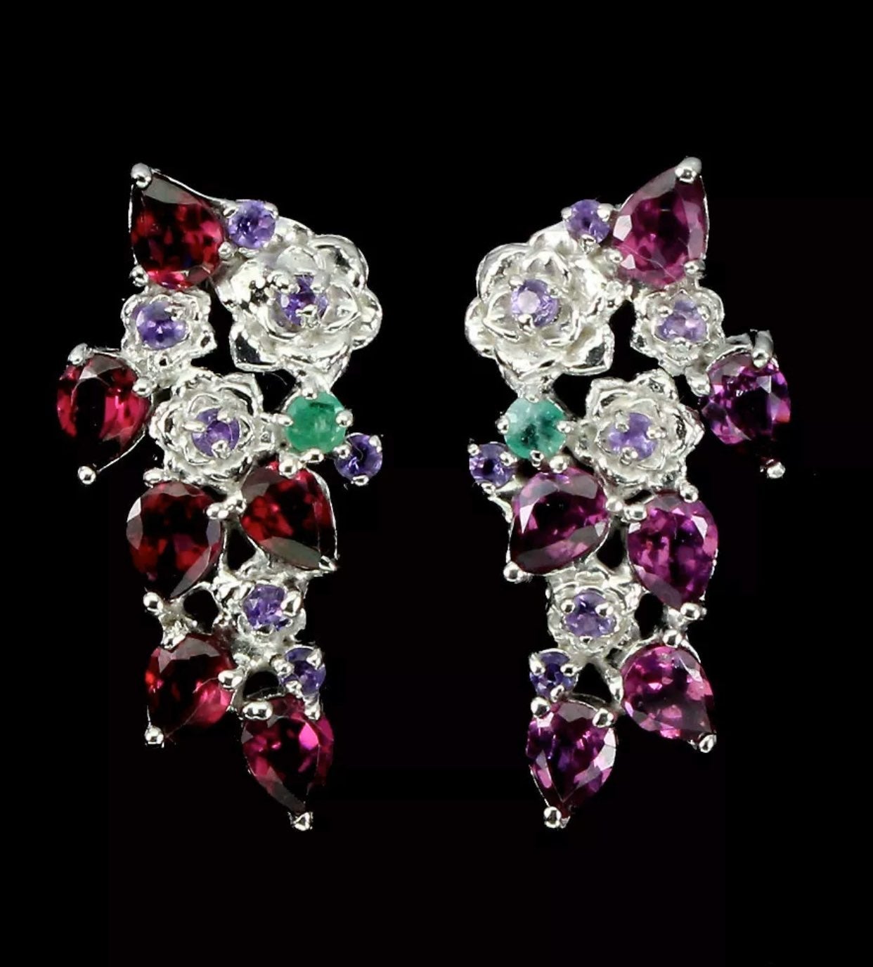 Genuine Rhodolite Emerald Amethyst Earri