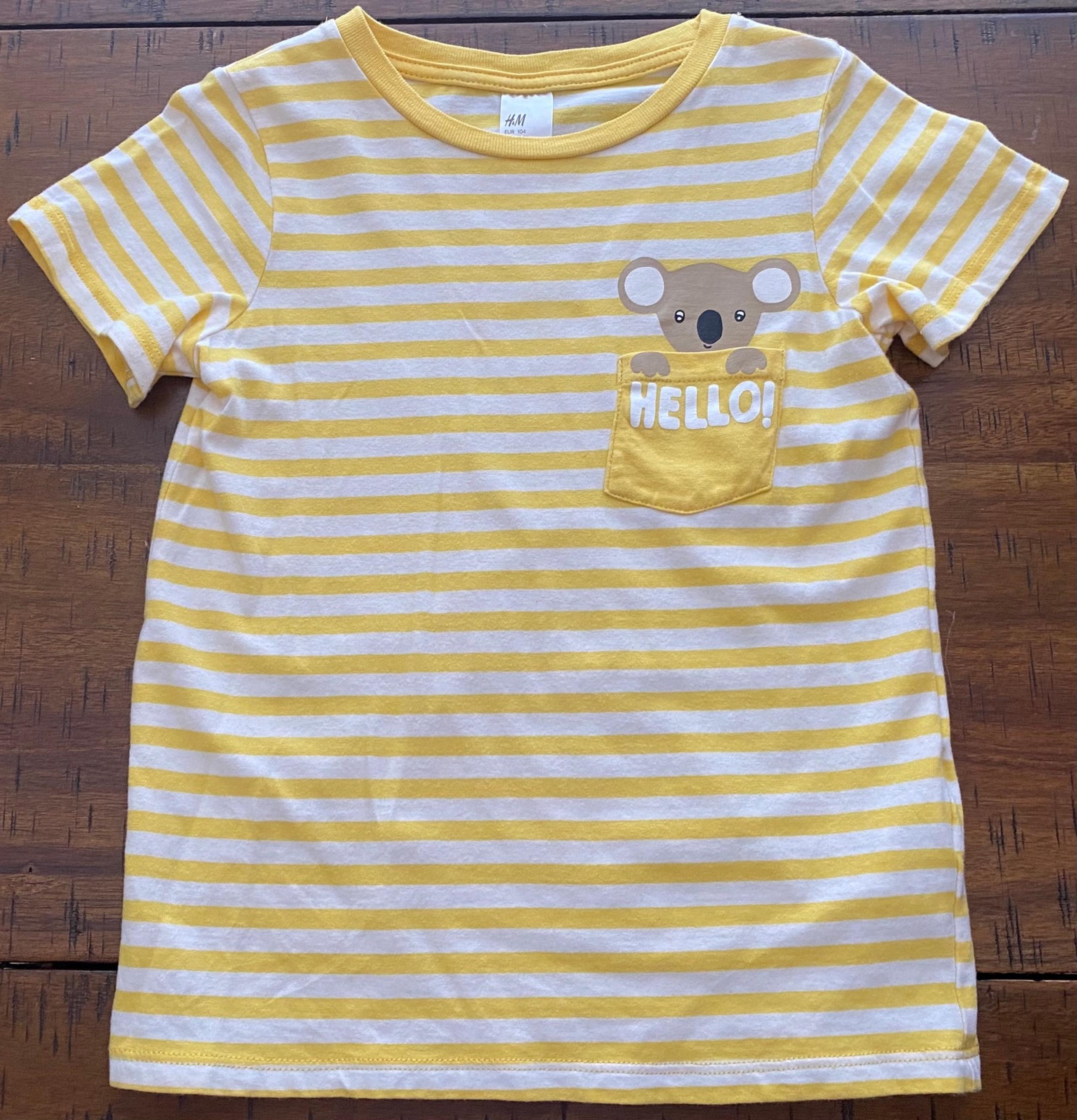 •EUC•H&M Short Sleeve Koala Chest Pocket Yellow White Striped Tee- 3-4 YR
