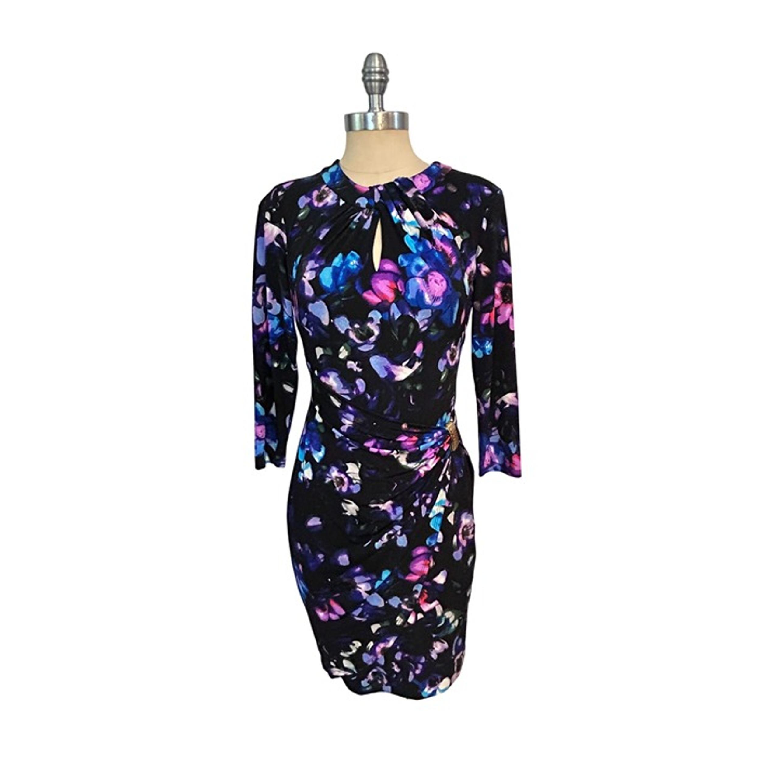 Cache Black Floral Dress With Gold Accent & Keyhole Neckline Small