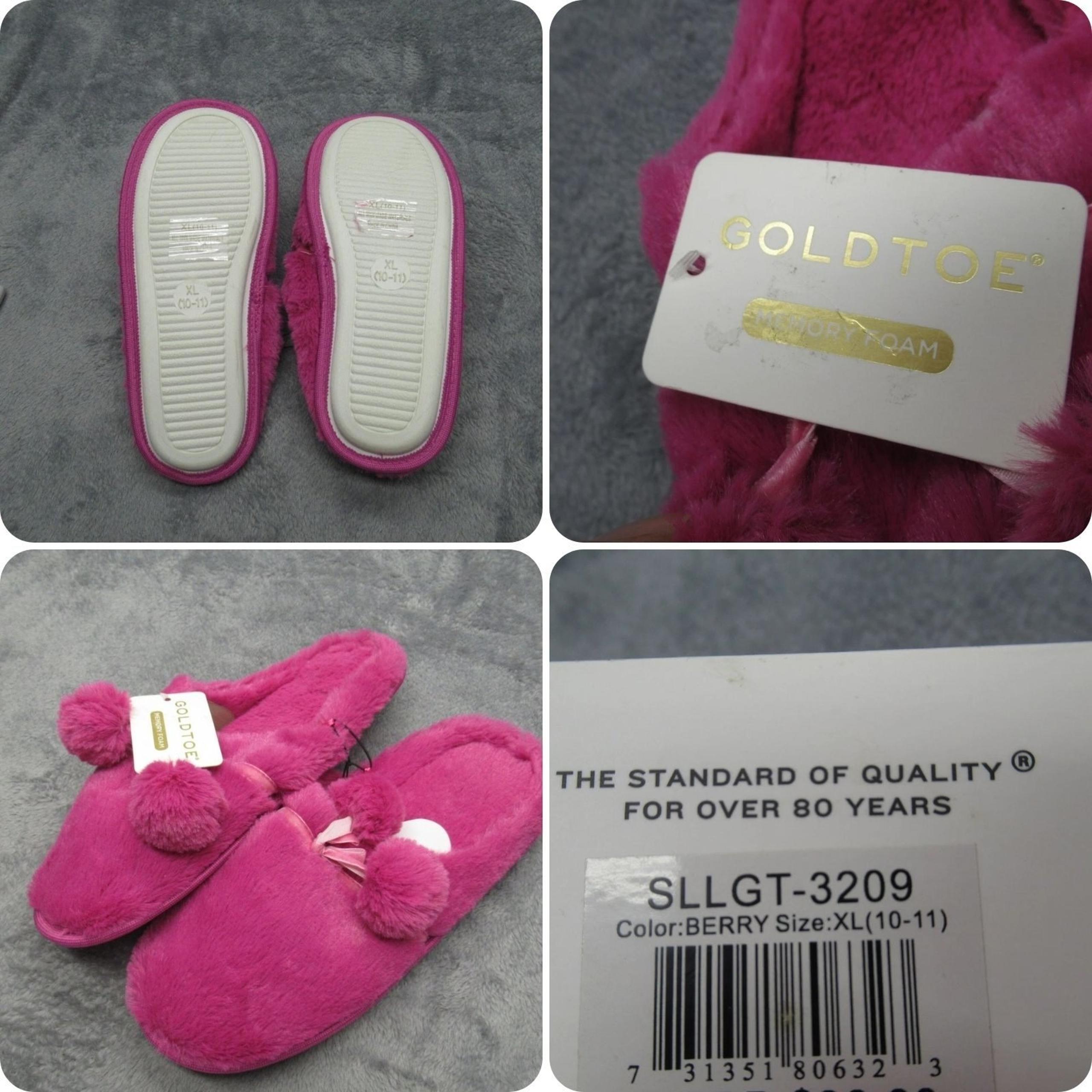 Gold Toe Memory Foam Slippers Womens XL 10-11 Fuzzy Pom Pom Berry Pink