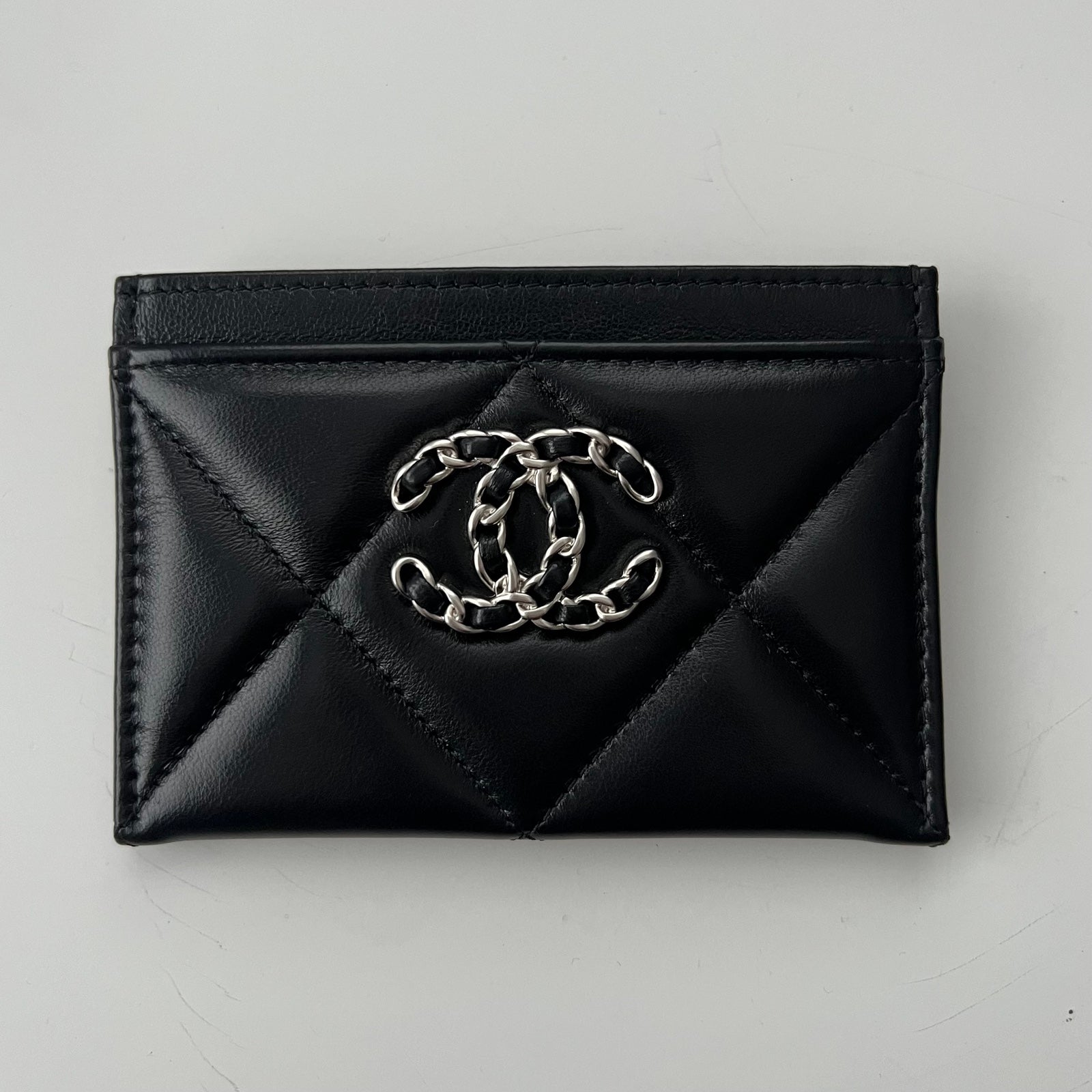 CHANEL O Card Holder Black Lambskin Silver Hardware NEW