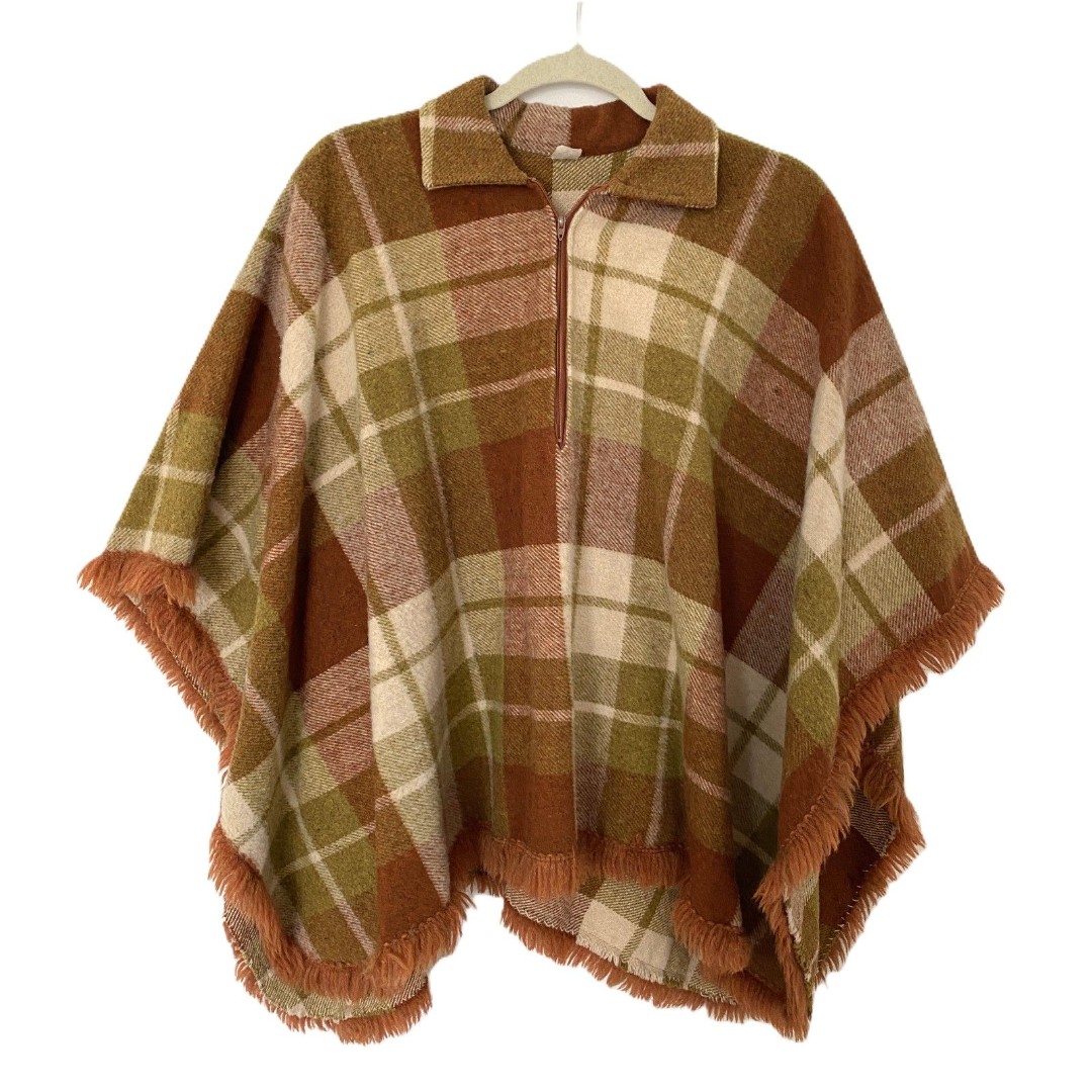 Vintage Chequered Plaid Mustard Wool Poncho with Fringed Hem Union ILGWU Label