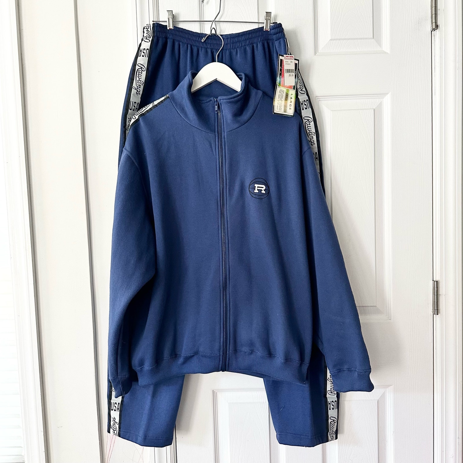 Rawlings NOS Navy Blue Spell Out Track Stripe Full Zip Jacket Sweatpants Set Lrg