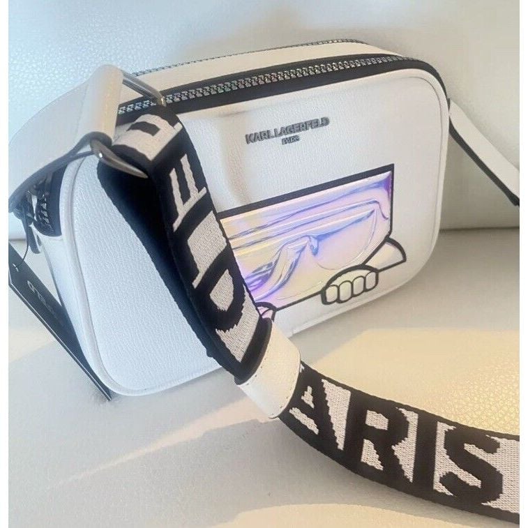 NWT Karl Lagerfeld Maybelle Double Zip White Iridescent Crossbody Camera Bag