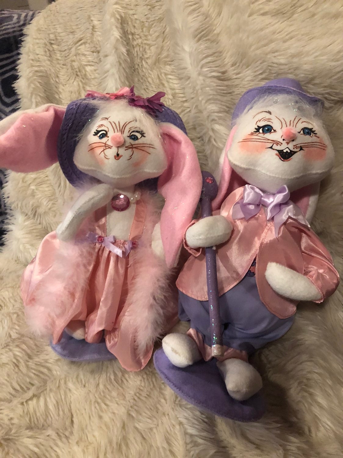 Annalee 12” Doll Easter Parade Bunny Girl Bonnet Boy Purple Pink Fancy. Boy is