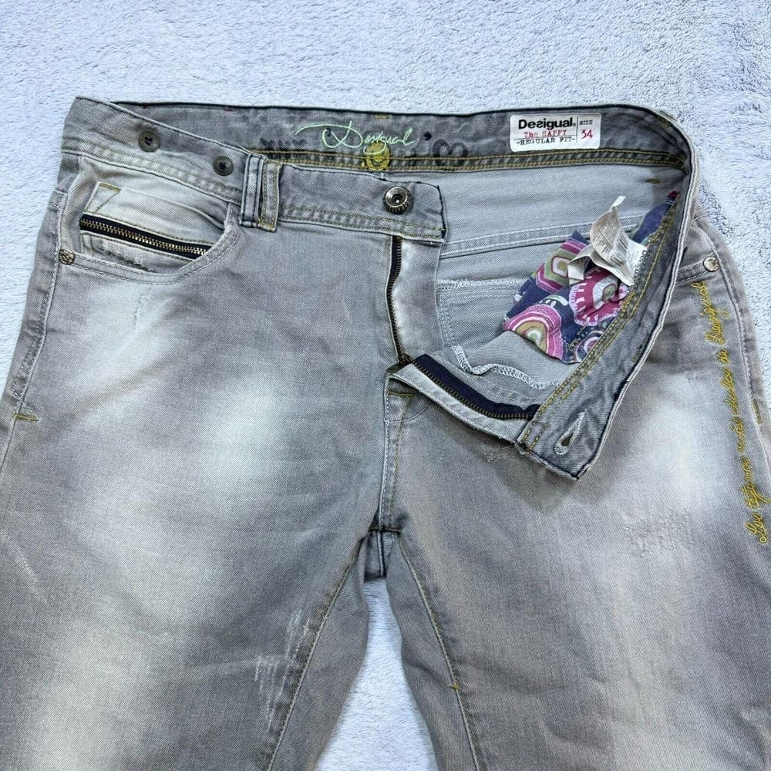 Desigual The Happy Regular Fit Jeans Size 34x29 Grey Distressed