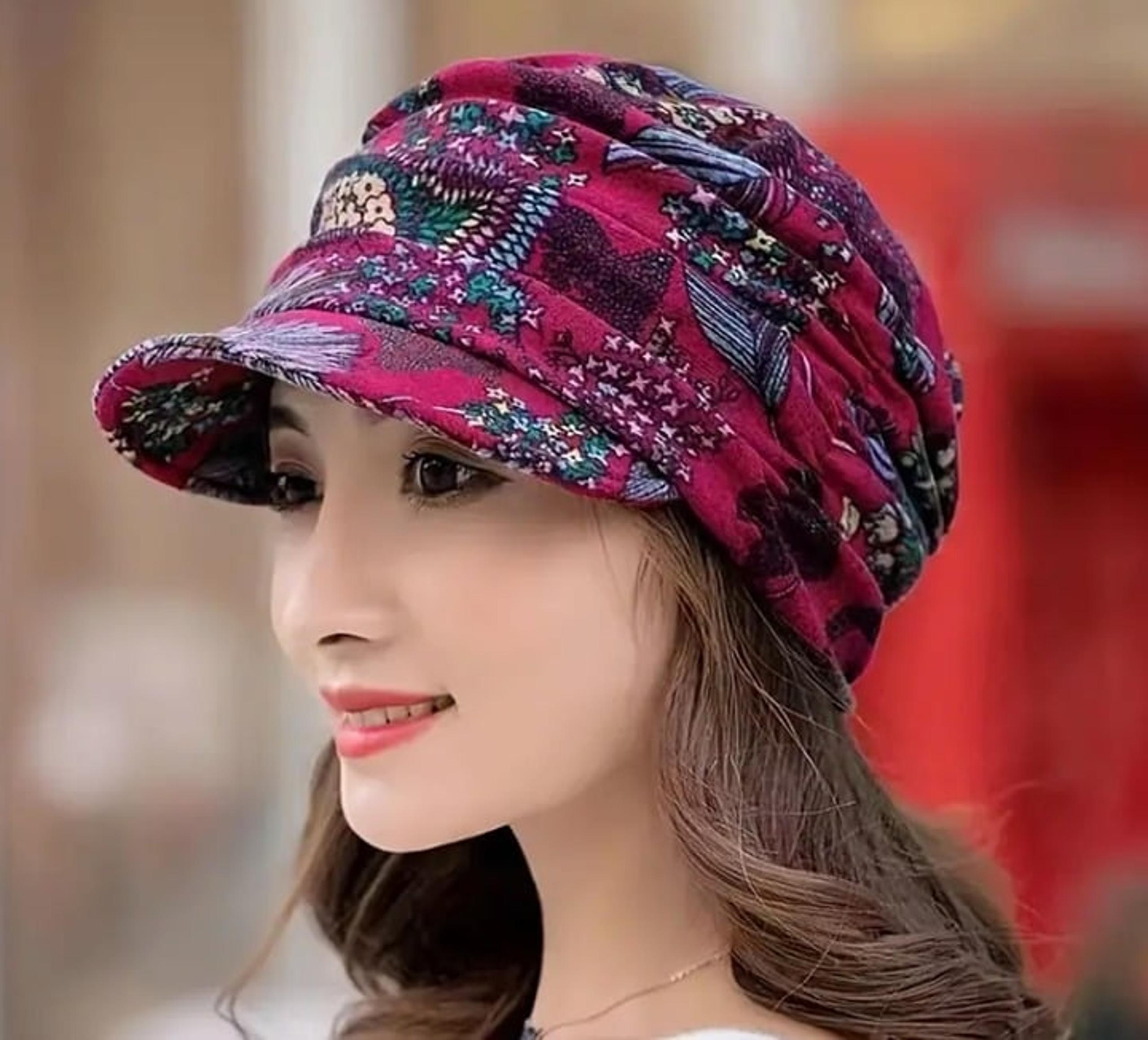 Trendy Vintage Flower Printed Wine color Women's Cap Newsboy