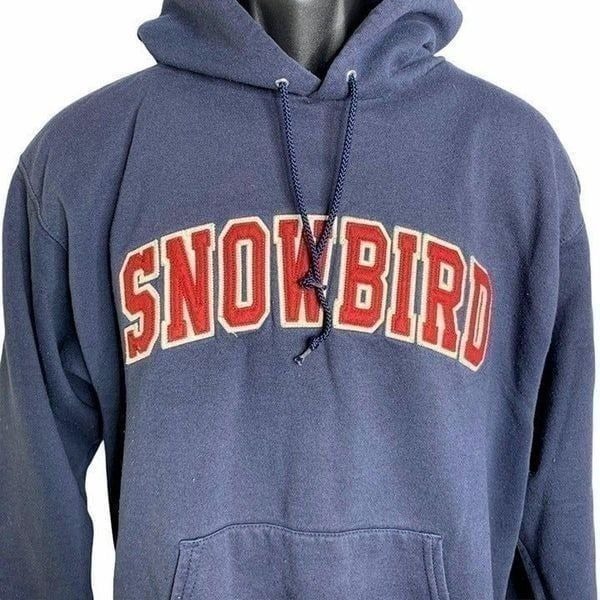 Champion Snowbird Ski Hooded Sweatshirt M Blue Applique Kangaroo Pocket Hoodie