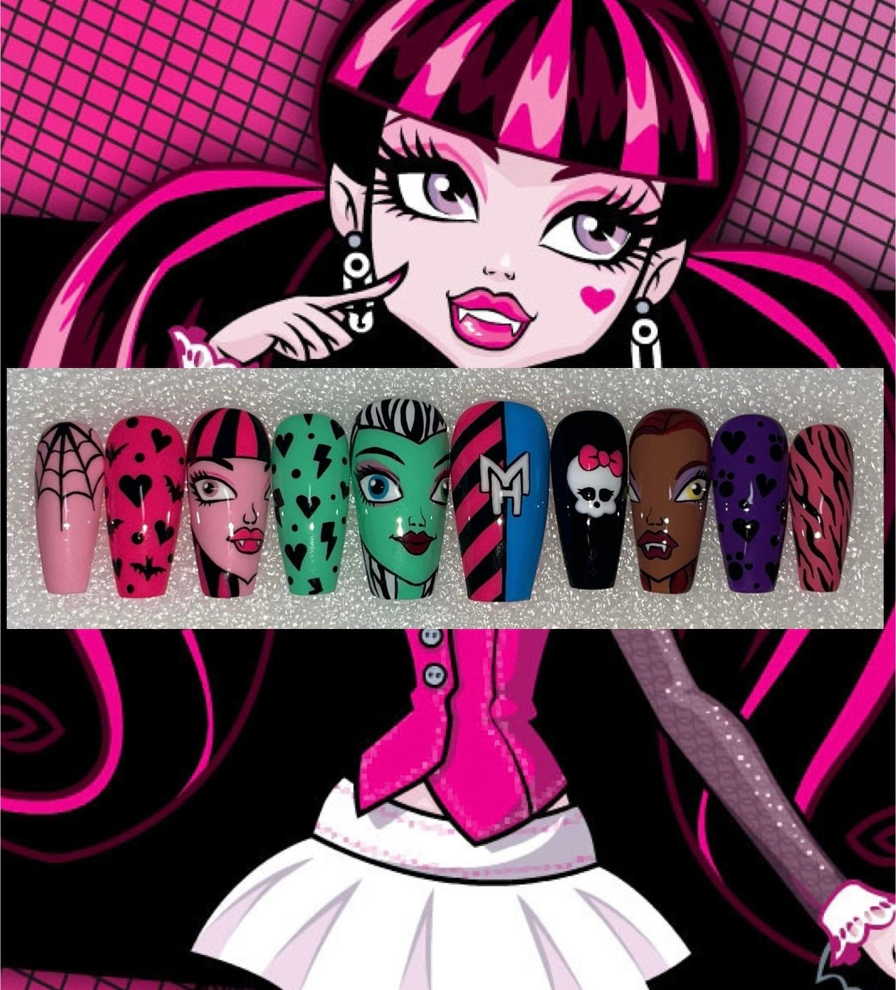 Monster High Draculaura Frankie Stein Clawdeen Medium Coffin Press on Nails