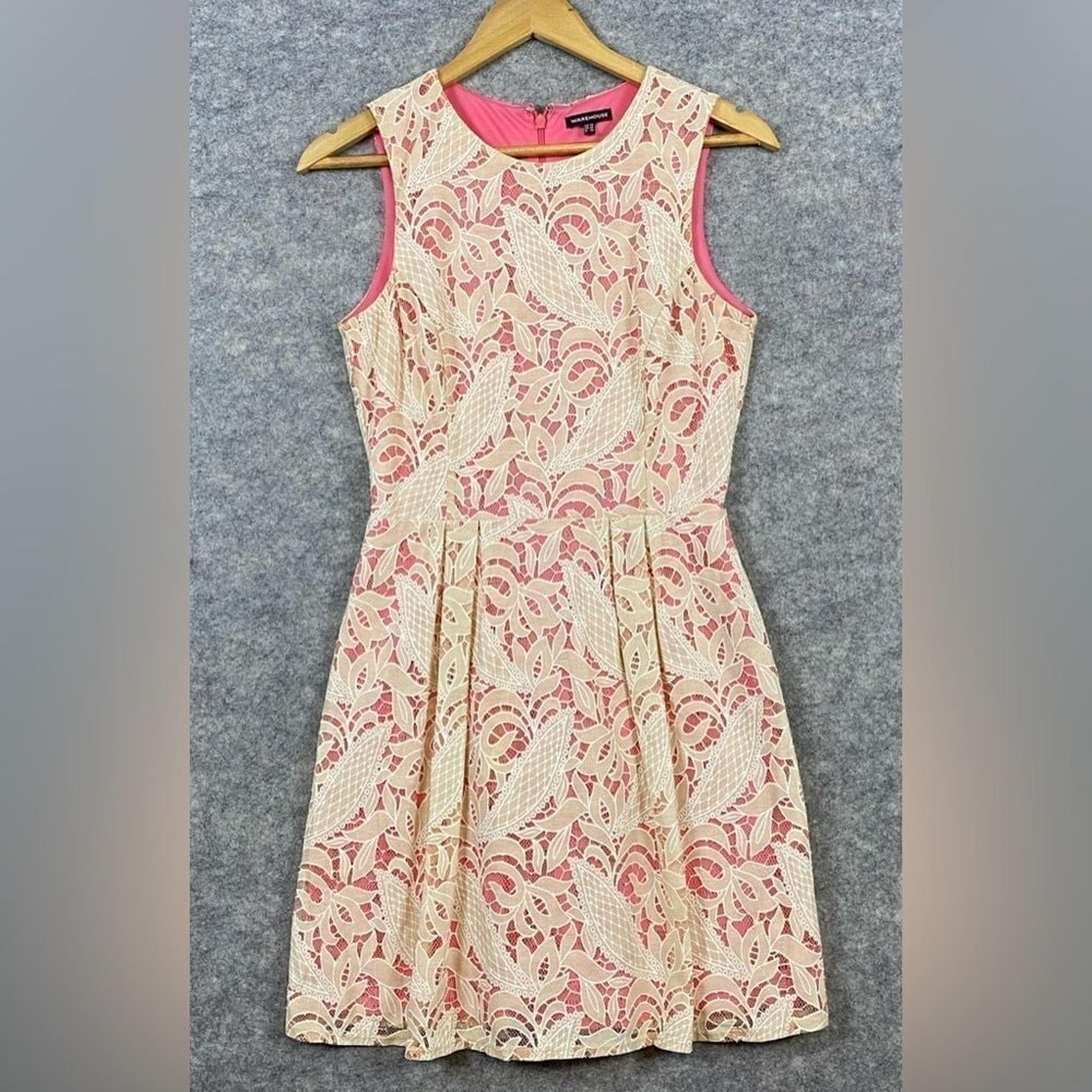 Warehouse Dress Size 6 Cream Pink Lace A-Line Sleeveless Flare Party Wedding