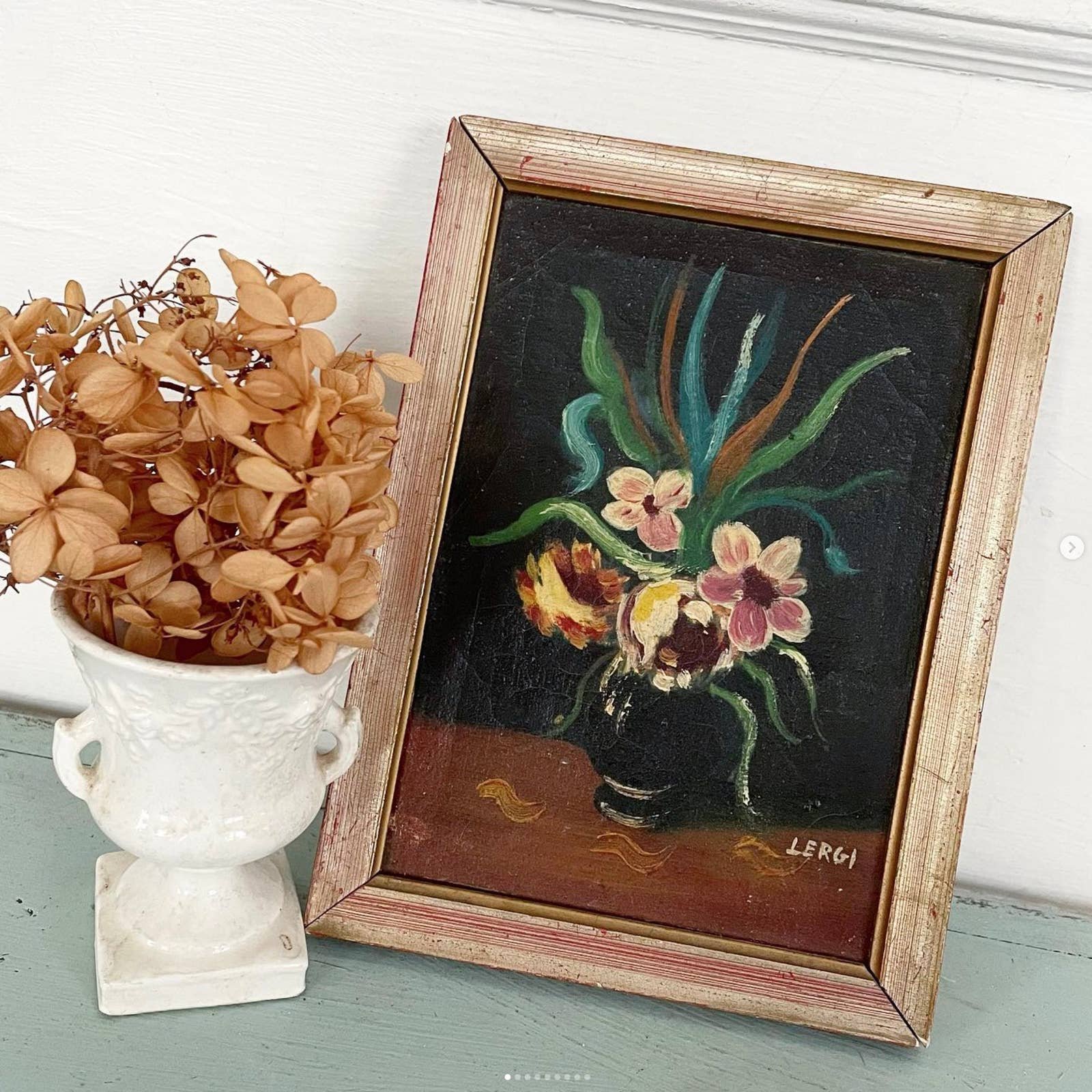 Vintage Miniature Flower Painting Floral Framed Canvas Signed Textured Crackling