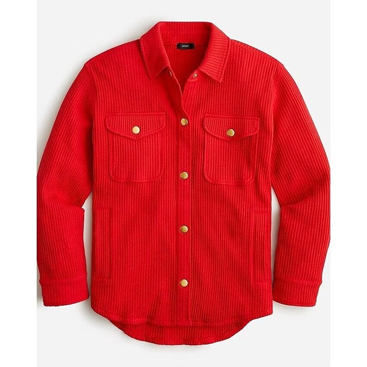 J. CREW Red Waffle Knit Shirt Jacket Gold Tone Snap Buttons OVERSIZED Size LARGE