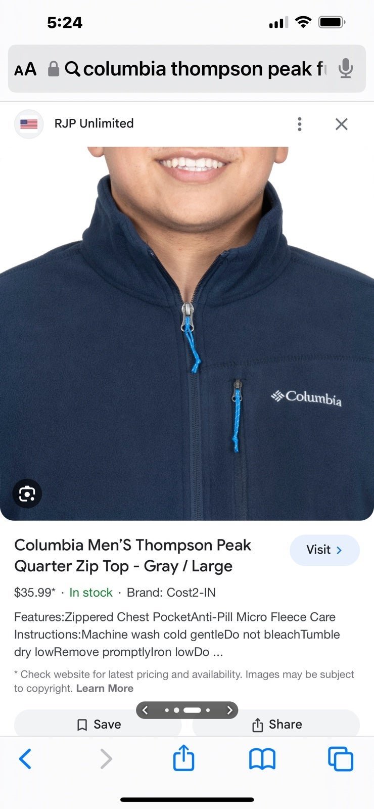 Columbia Thompson Peak Full Zip Fleece Jacket, Blue Men’s Large