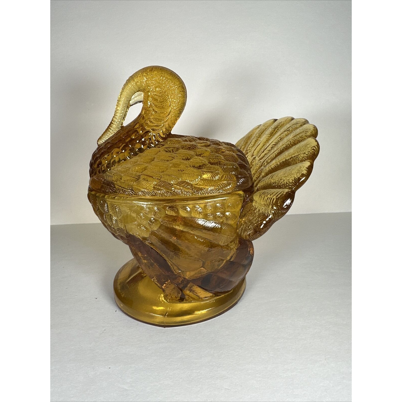 Vintage LE Smith Amber Thanksgiving Glass Turkey Covered Candy Dish 7