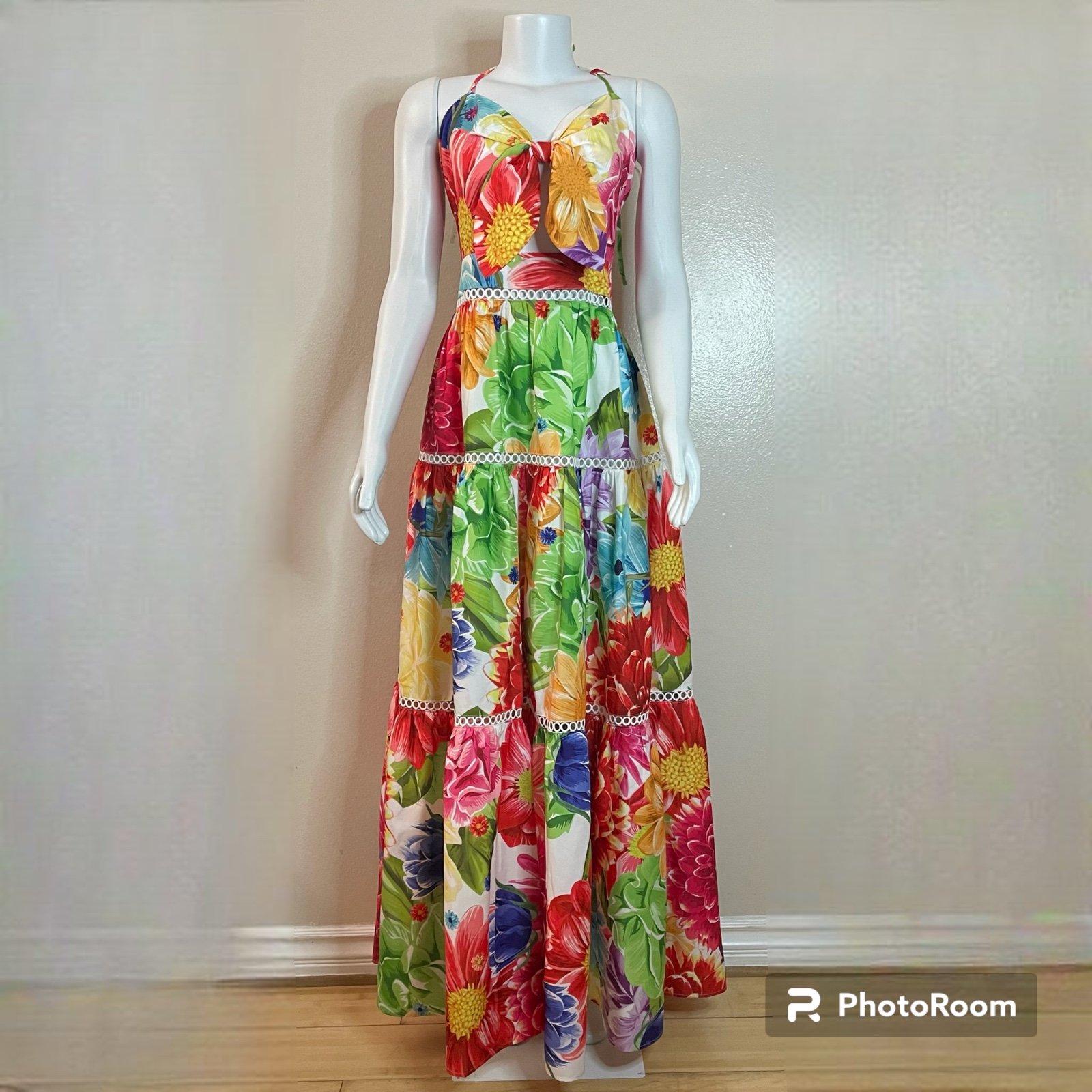 Bohemian floral print halter neck bow at front cutout maxi dress