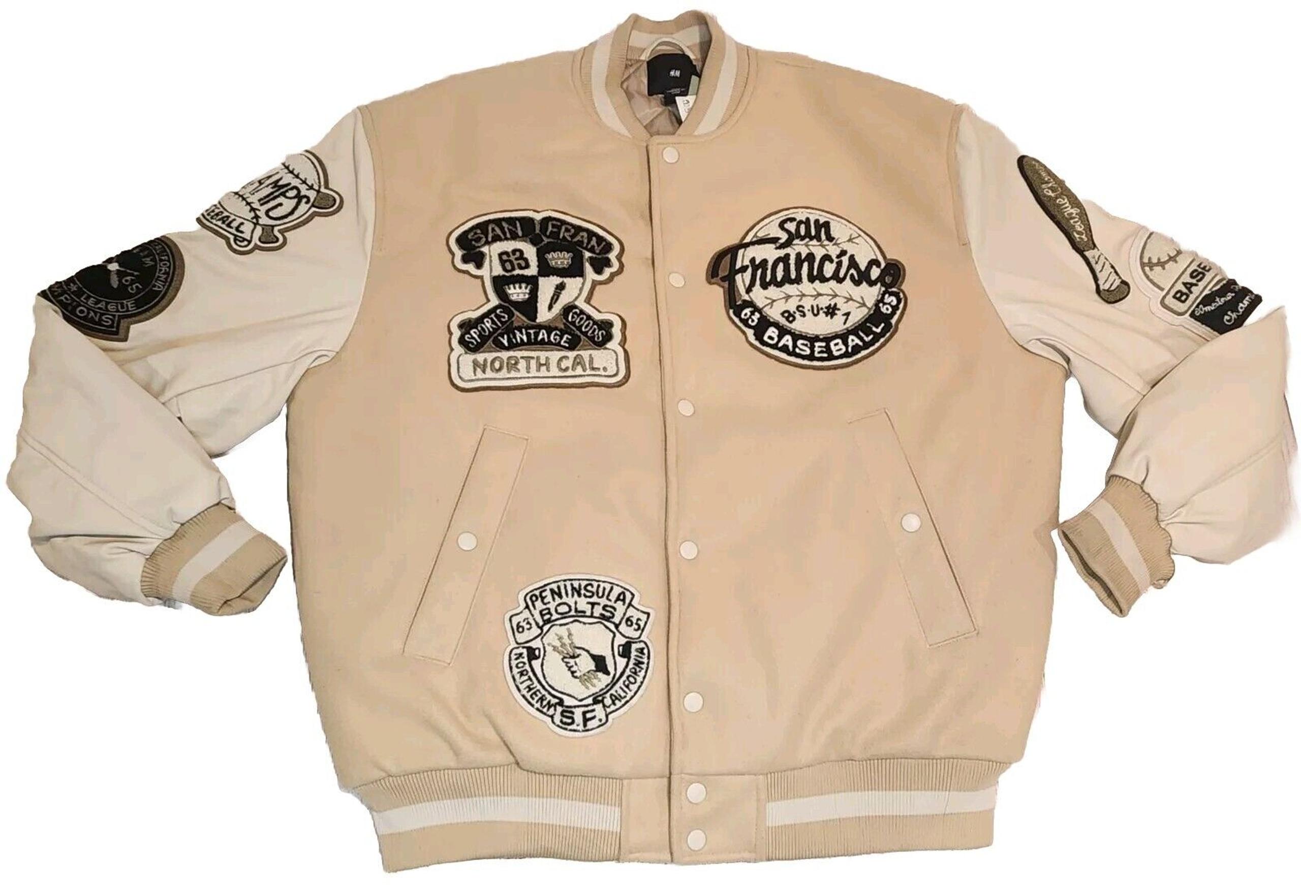 H&M Loose Fit Baseball Jacket Men Large Letterman Retro Patches Bomber Varsity
