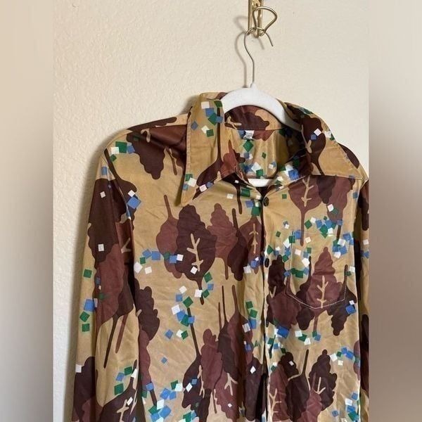 Vintage 70s Funky Novelty Tree All Over Button Down Long Sleeve Shirt Sz Large