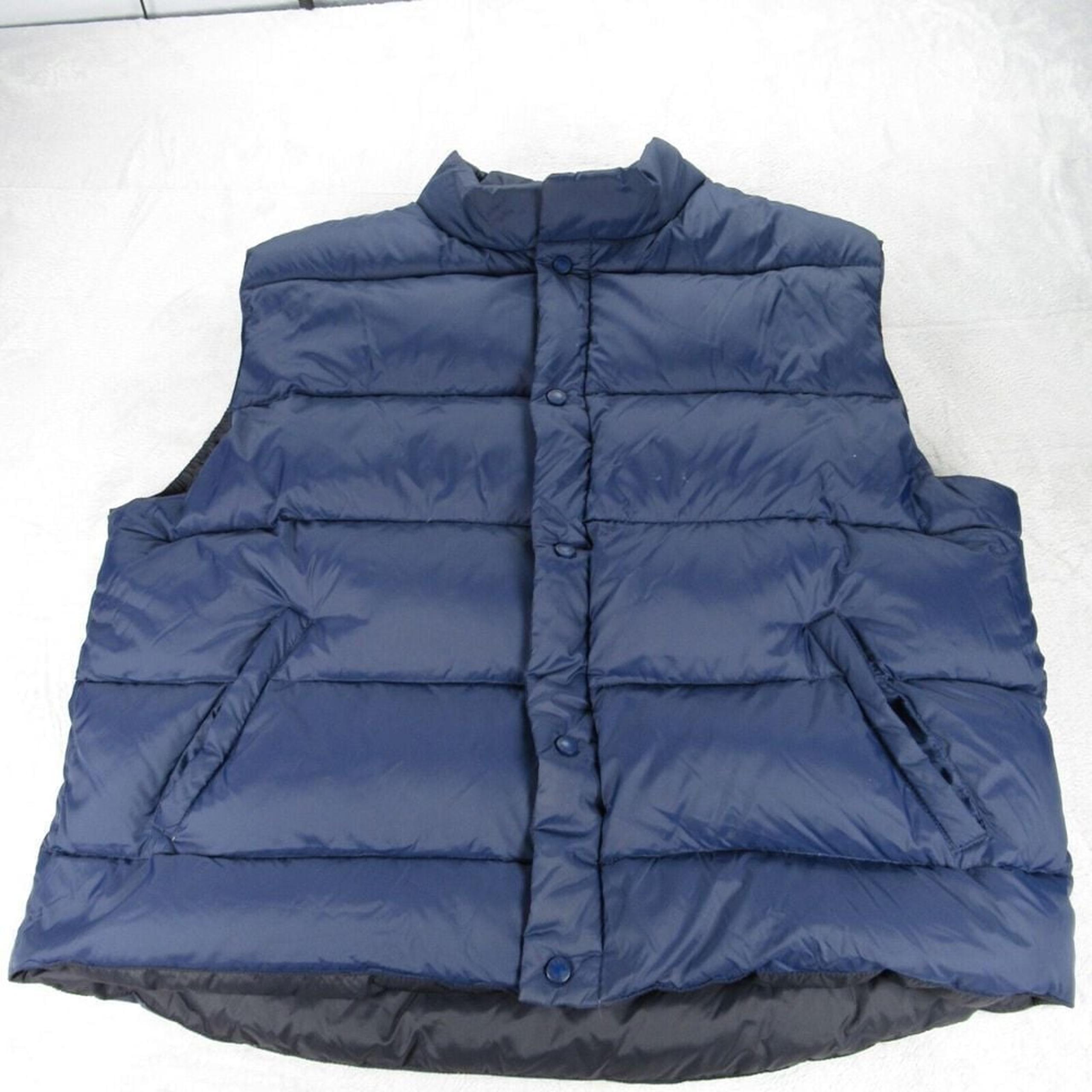 Vintage Cabelas Down Vest Mens XXL Navy Blue Pockets Lined Snap Goose Puffer